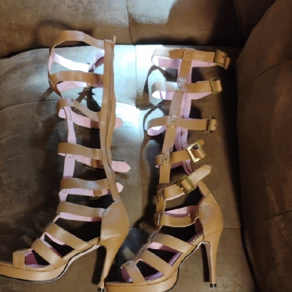 Leg Avenue Brown Gladiator Heels with Pink Lining - Picture 12 of 13